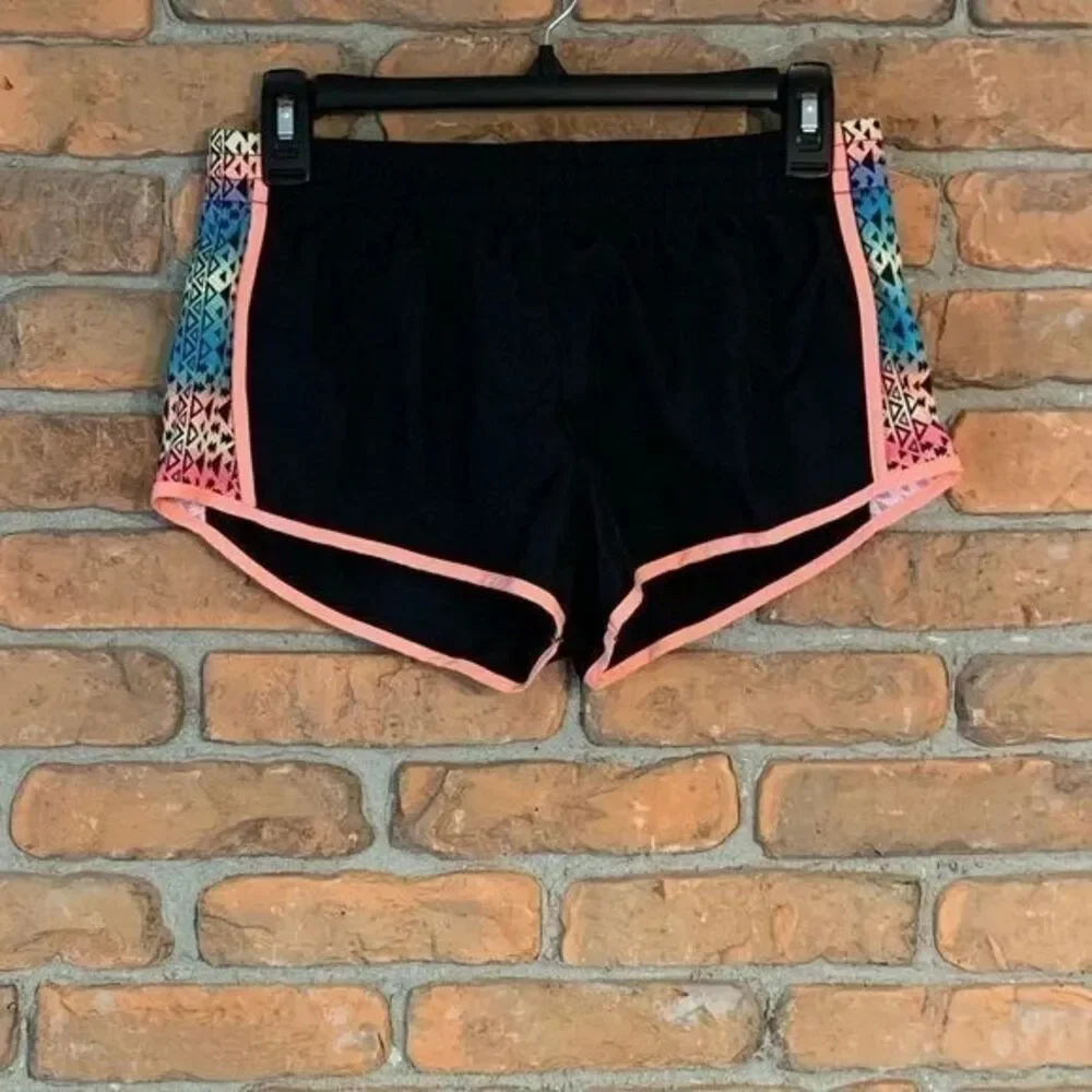 SO Shorts Women Small Black Athletic Running Pink Aztec Print Drawstring Workout